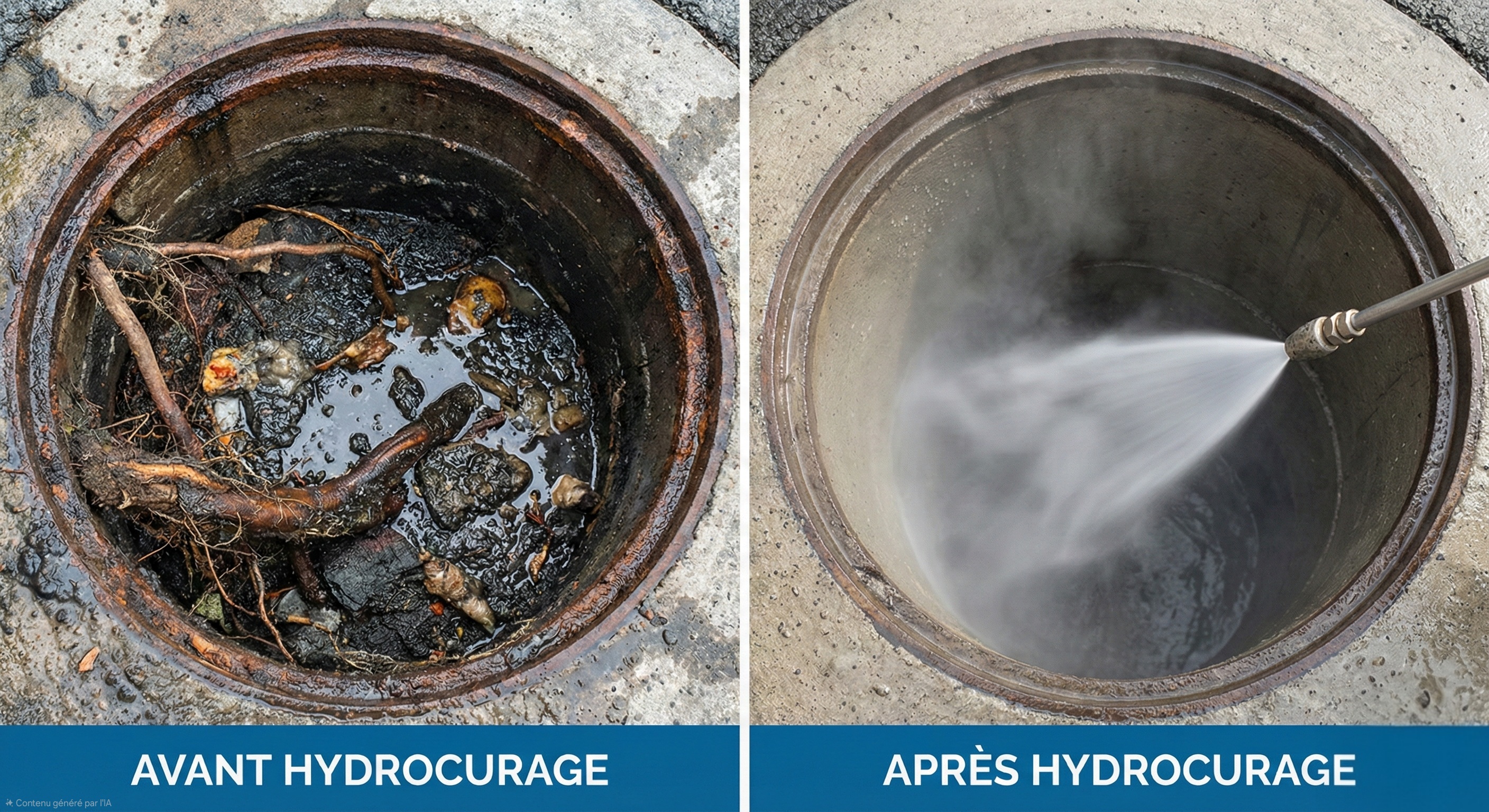 Canalisation avant et après un curage haute pression